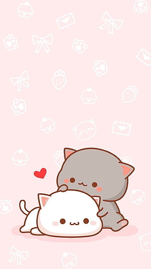 Peach and Goma Mochi Cats Cuddling on Soft Pink Background with Cute Pattern HD phone wallpaper