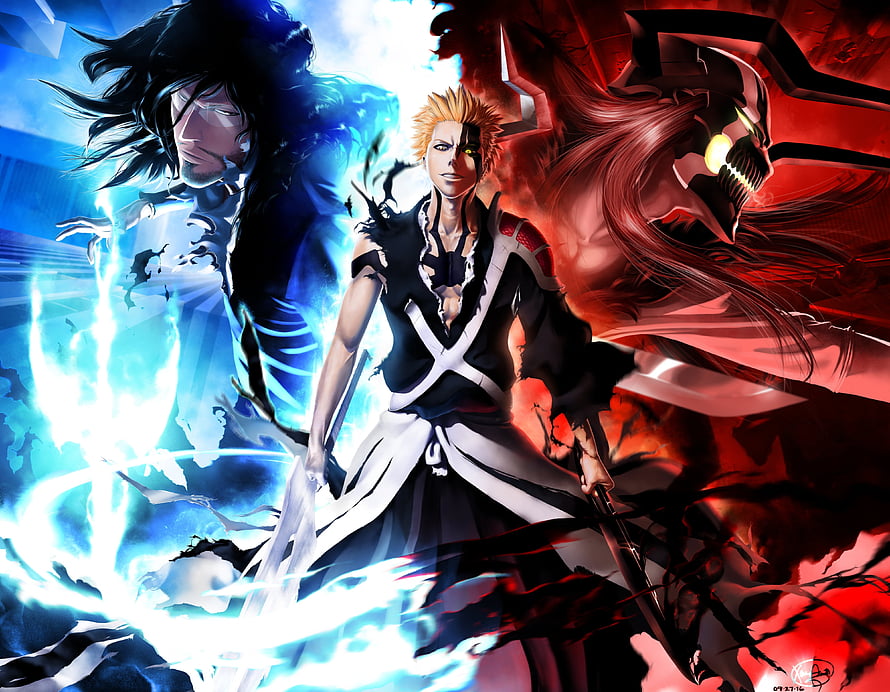 Ichigo Kurosaki Bankai Form with Zangetsu and Tensa Zangetsu in Bleach Anime Art HD wallpaper