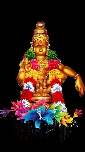 Golden Ayyappan Statue with Flower Garlands and Jewels on Black Background HD phone wallpaper