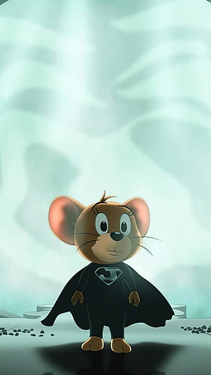 Super Jerry in a Black Cape Standing Against a Soft Misty Sky in Tom and Jerry Style HD phone wallpaper