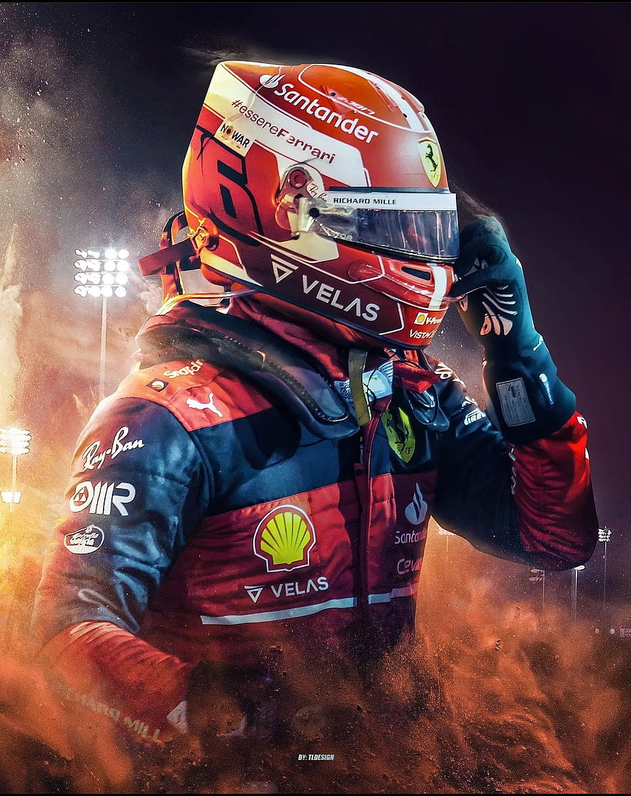 Charles Leclerc in Ferrari Racing Suit and Helmet Amidst Track Dust HD phone wallpaper