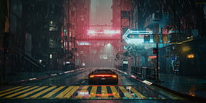 Cyberpunk City Street at Night with Neon Lights and Rain HD wallpaper