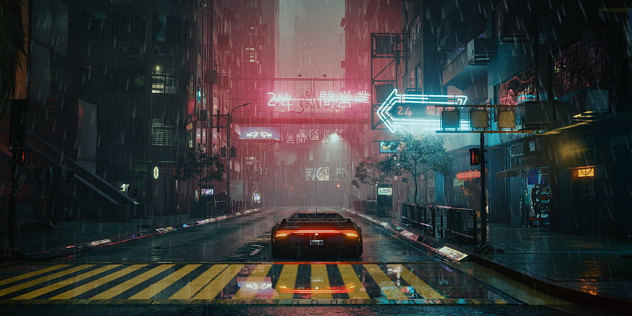 Cyberpunk City Street at Night with Neon Lights and Rain HD wallpaper