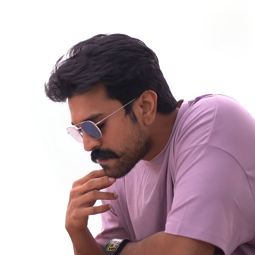 Ram Charan in a Pensive Profile Shot Wearing Aviator Sunglasses and a Lavender T-Shirt HD phone wallpaper