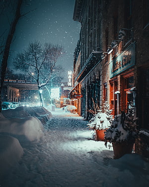 Snowy Night Street Scene With Glowing Cafe And Brick Buildings HD phone wallpaper
