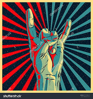 Retro Rock Hand Gesture Poster with Radiating Sunburst Rays and Halftone Texture HD phone wallpaper