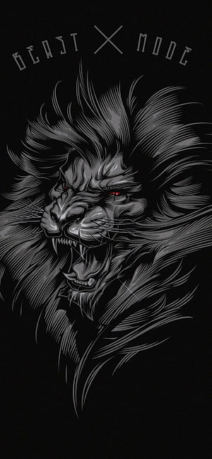 Fierce Roaring Lion Head with Glowing Red Eyes in Dark Monochrome Vector Style HD phone wallpaper