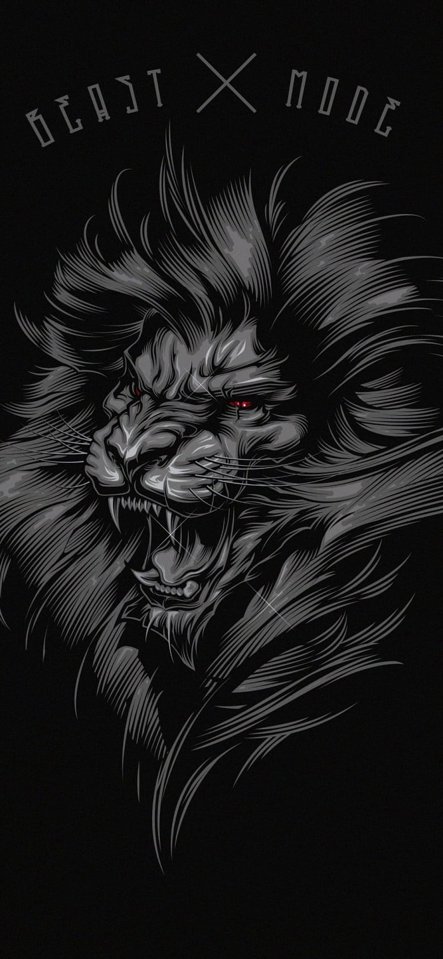 Fierce Roaring Lion Head with Glowing Red Eyes in Dark Monochrome Vector Style HD phone wallpaper