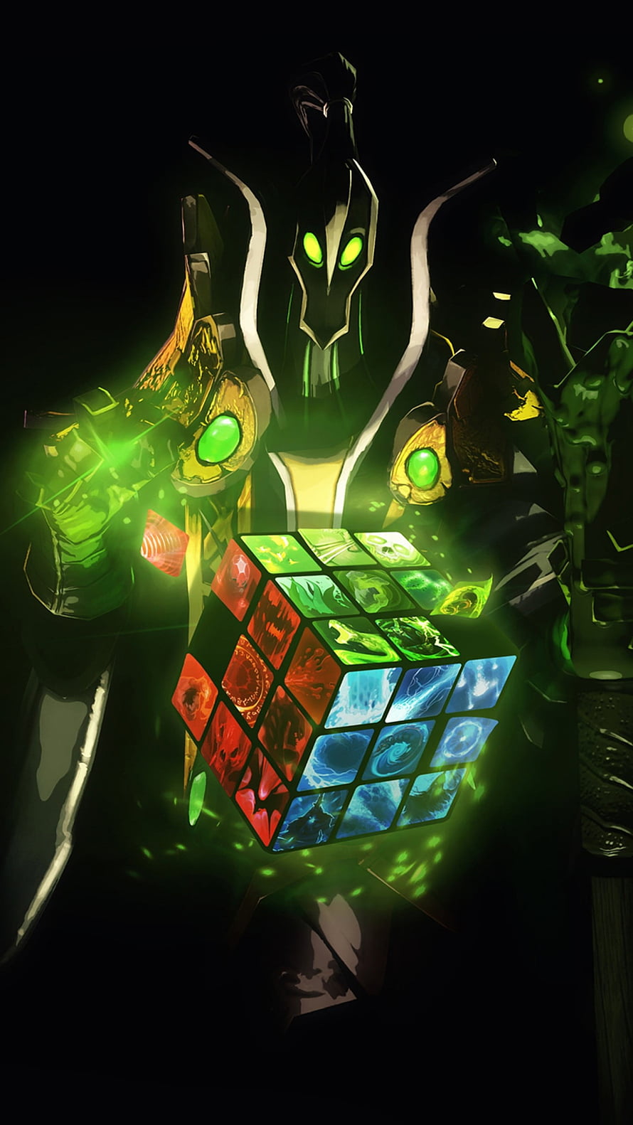 Rubick the Grand Magus from Dota 2 Holding a Glowing Rubik's Cube in Dark Fantasy Art HD phone wallpaper