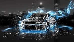 Nissan Skyline GT-R R34 with Electric Blue Energy Effects and Water Splashes HD wallpaper