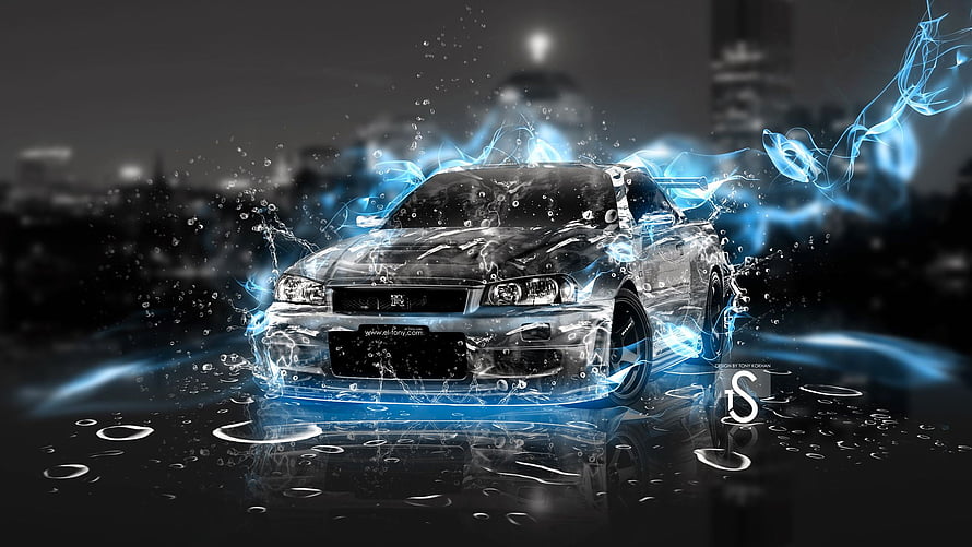 Nissan Skyline GT-R R34 with Electric Blue Energy Effects and Water Splashes HD wallpaper