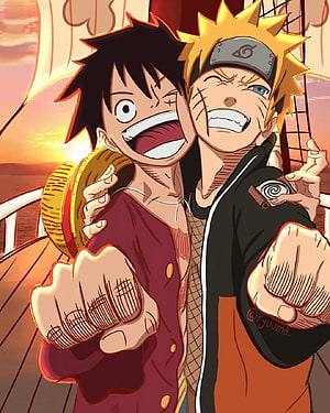 Luffy and Naruto Uzumaki Anime Crossover Artwork Sunset Background HD phone wallpaper
