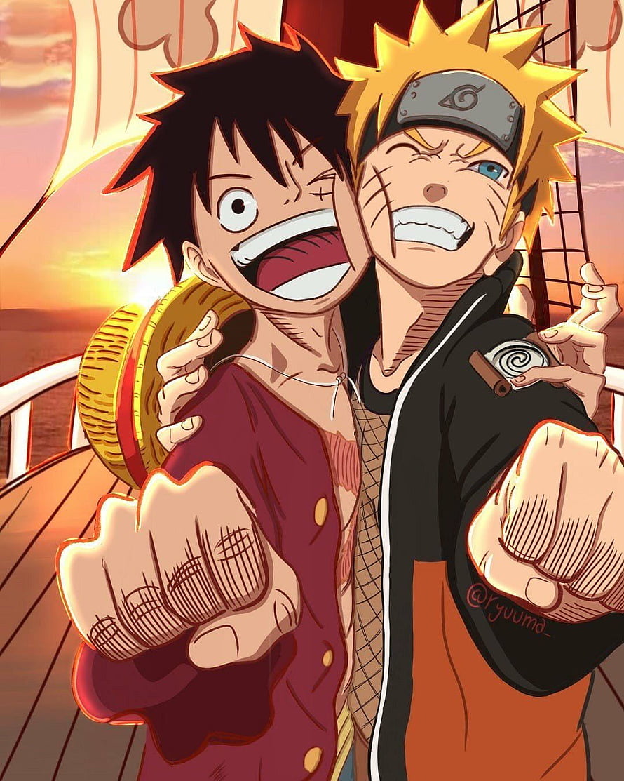 Luffy and Naruto Uzumaki Anime Crossover Artwork Sunset Background HD phone wallpaper