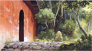 Spirited Away Watercolor Scene with Red Wall and Forest Path HD wallpaper