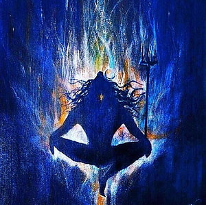 Abstract Lord Shiva Painting with Trishula and Crescent Moon in Deep Blue Tones HD wallpaper