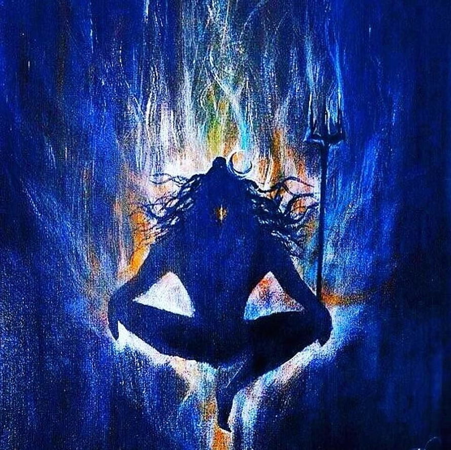 Abstract Lord Shiva Painting with Trishula and Crescent Moon in Deep Blue Tones HD wallpaper