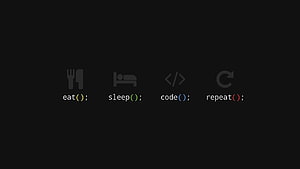 Minimalist Programmer Lifestyle Wallpaper Featuring Eat Sleep Code Repeat Text and Icons on Dark Background HD wallpaper