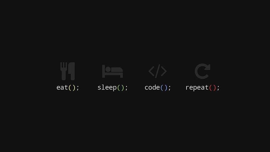 Minimalist Programmer Lifestyle Wallpaper Featuring Eat Sleep Code Repeat Text and Icons on Dark Background HD wallpaper