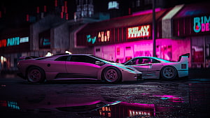 Cyberpunk Sports Cars Parked on Wet Street with Neon City Lights HD wallpaper