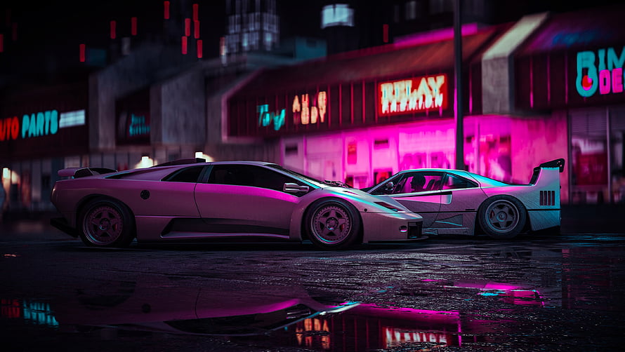 Cyberpunk Sports Cars Parked on Wet Street with Neon City Lights HD wallpaper