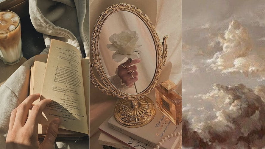 Light Academia Aesthetic Collage Featuring Vintage Books, Ornate Mirror, and Soft Clouds HD wallpaper