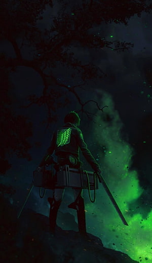 Attack on Titan Soldier with ODM Gear and Glowing Wings in Dark Forest HD phone wallpaper
