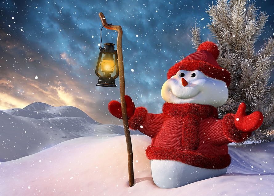 Cheerful Snowman in Red Knit Sweater Holding Lantern in Snowy Winter Landscape, Holidays, New Year, Snow, Snowman, Christmas, Smile, Lantern, Lamp, Christmas Tree HD wallpaper