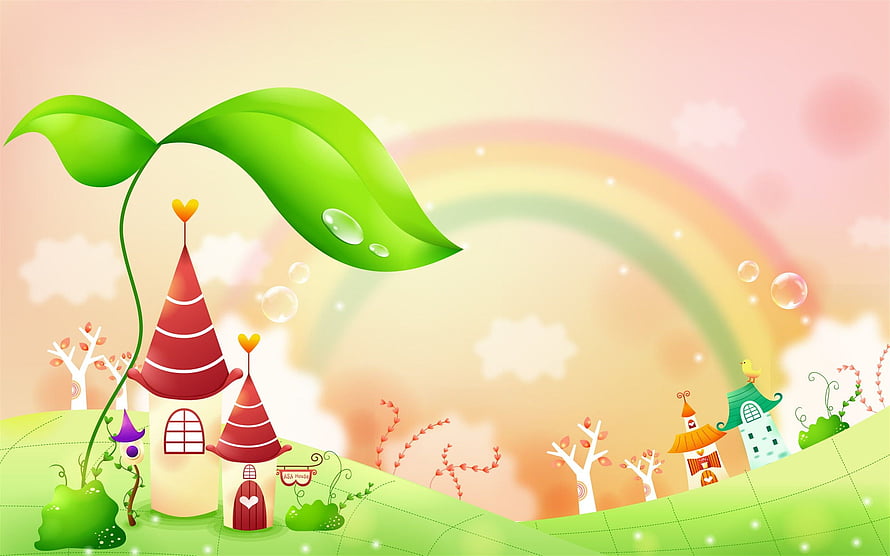Whimsical Fairy Tale Castle Landscape with Giant Sprout and Rainbow HD wallpaper