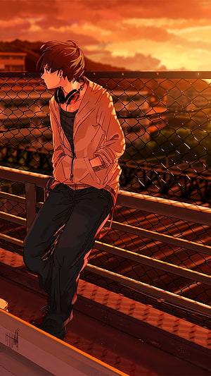 Anime Boy Leaning on Fence at Sunset with Headphones Around Neck HD phone wallpaper