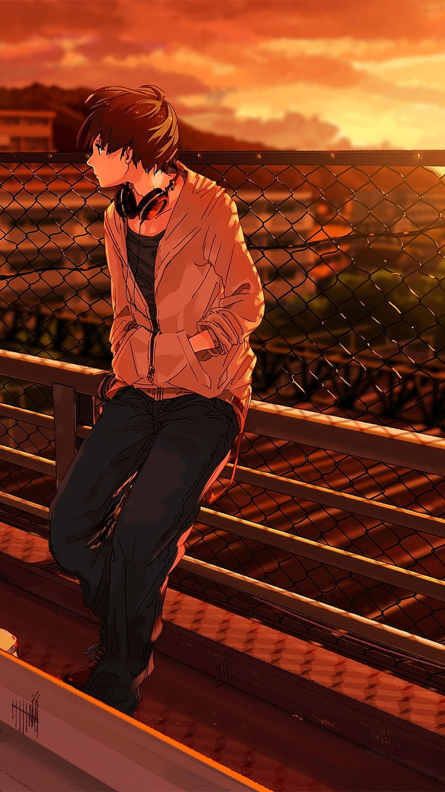 Anime Boy Leaning on Fence at Sunset with Headphones Around Neck HD phone wallpaper