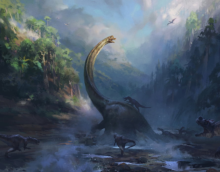Prehistoric Dinosaur Battle Scene in Lush Prehistoric Valley HD wallpaper