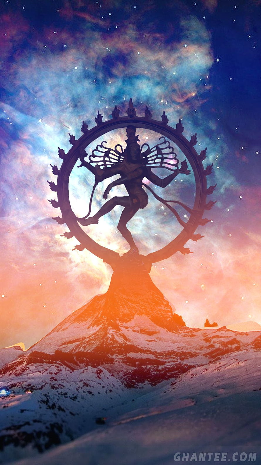 Cosmic Nataraja Shiva Silhouette Dancing on Mountain Peak Against Starry Nebula Sky HD phone wallpaper