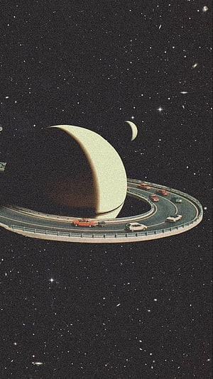 Retro Sci-Fi Highway Orbiting a Giant Planet in Deep Space HD phone wallpaper
