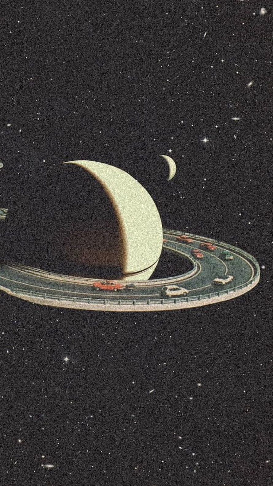 Retro Sci-Fi Highway Orbiting a Giant Planet in Deep Space HD phone wallpaper