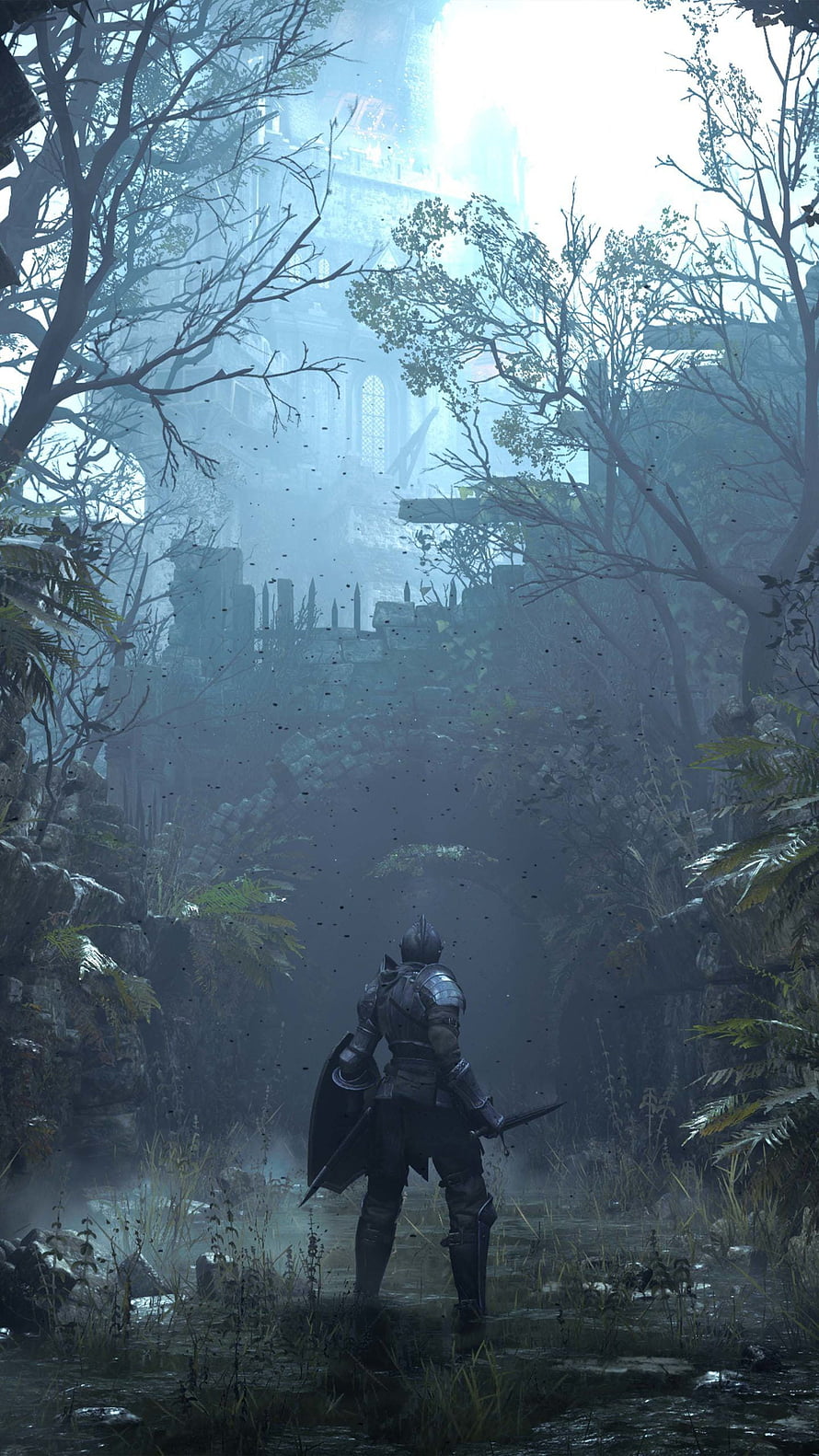 Armored Knight Standing in Misty Overgrown Ruins with Cathedral in Background HD phone wallpaper