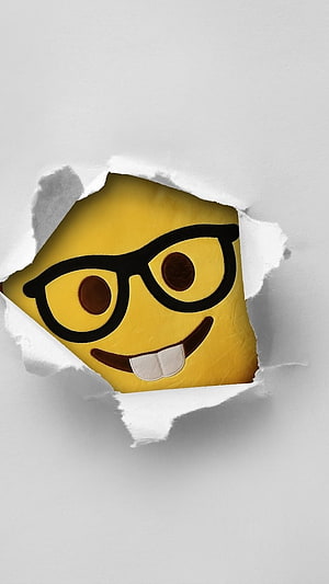 Yellow Nerd Emoji Face Peeking Through Torn White Paper Background HD phone wallpaper