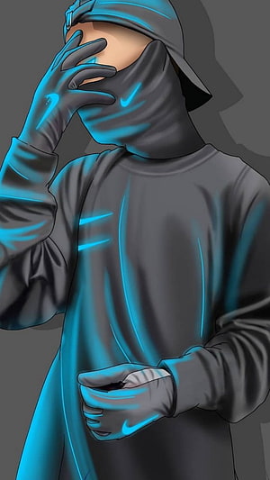 Digital Art of a Mysterious Figure in Dark Streetwear with Blue Neon Accents HD phone wallpaper