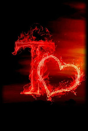 Fiery Letter T and Heart Shape in Red Flames on Dark Background HD phone wallpaper