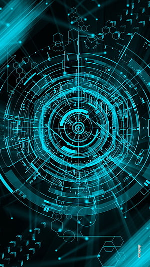 Futuristic Cyan Holographic Interface with Concentric Circuits and Hexagonal Patterns HD phone wallpaper