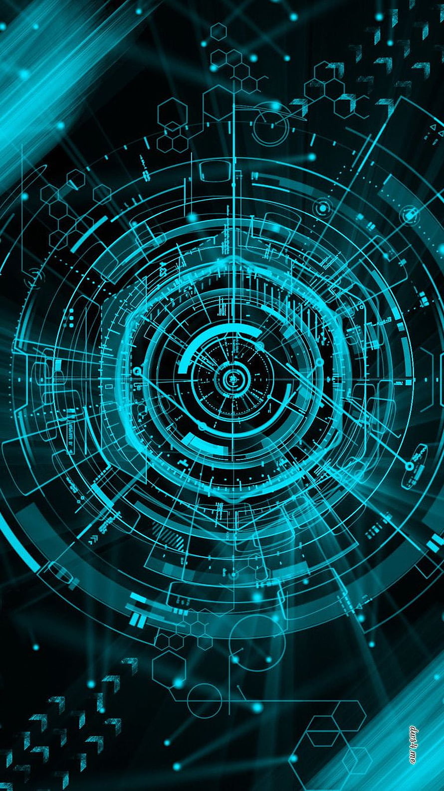 Futuristic Cyan Holographic Interface with Concentric Circuits and Hexagonal Patterns HD phone wallpaper