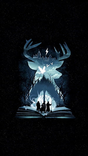 Harry Potter Magical Book Artwork with Hogwarts Castle and Stag Silhouette HD phone wallpaper