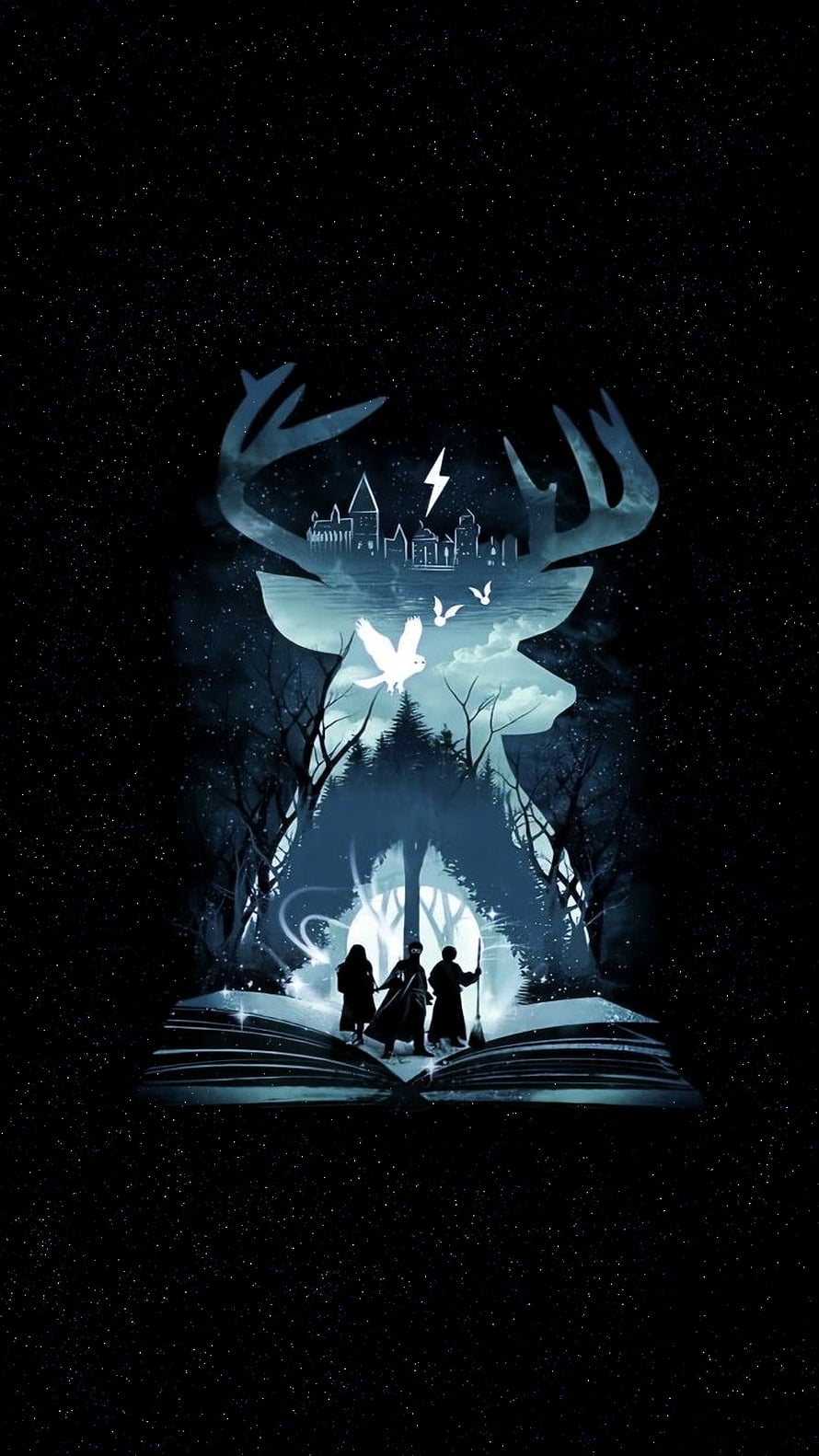 Harry Potter Magical Book Artwork with Hogwarts Castle and Stag Silhouette HD phone wallpaper