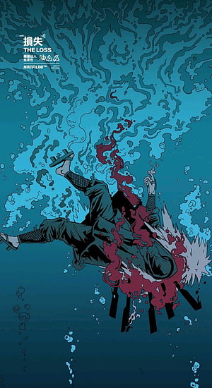 Jiraiya Drowning in Deep Water with Blood Splatter in Dark Blue Naruto Anime Illustration HD phone wallpaper