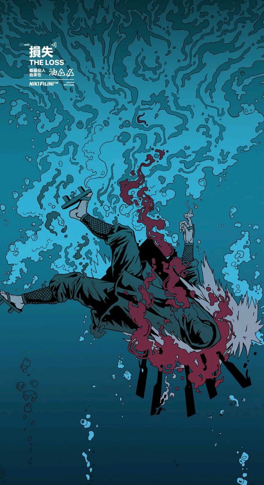 Jiraiya Drowning in Deep Water with Blood Splatter in Dark Blue Naruto Anime Illustration HD phone wallpaper