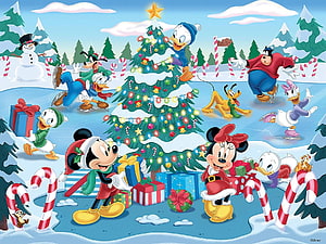 Disney Christmas Scene Featuring Mickey Mouse, Minnie Mouse, Donald Duck, and Friends Decorating a Snowy Tree HD wallpaper