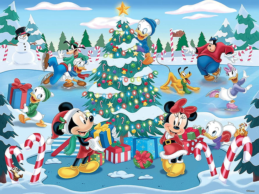 Disney Christmas Scene Featuring Mickey Mouse, Minnie Mouse, Donald Duck, and Friends Decorating a Snowy Tree HD wallpaper