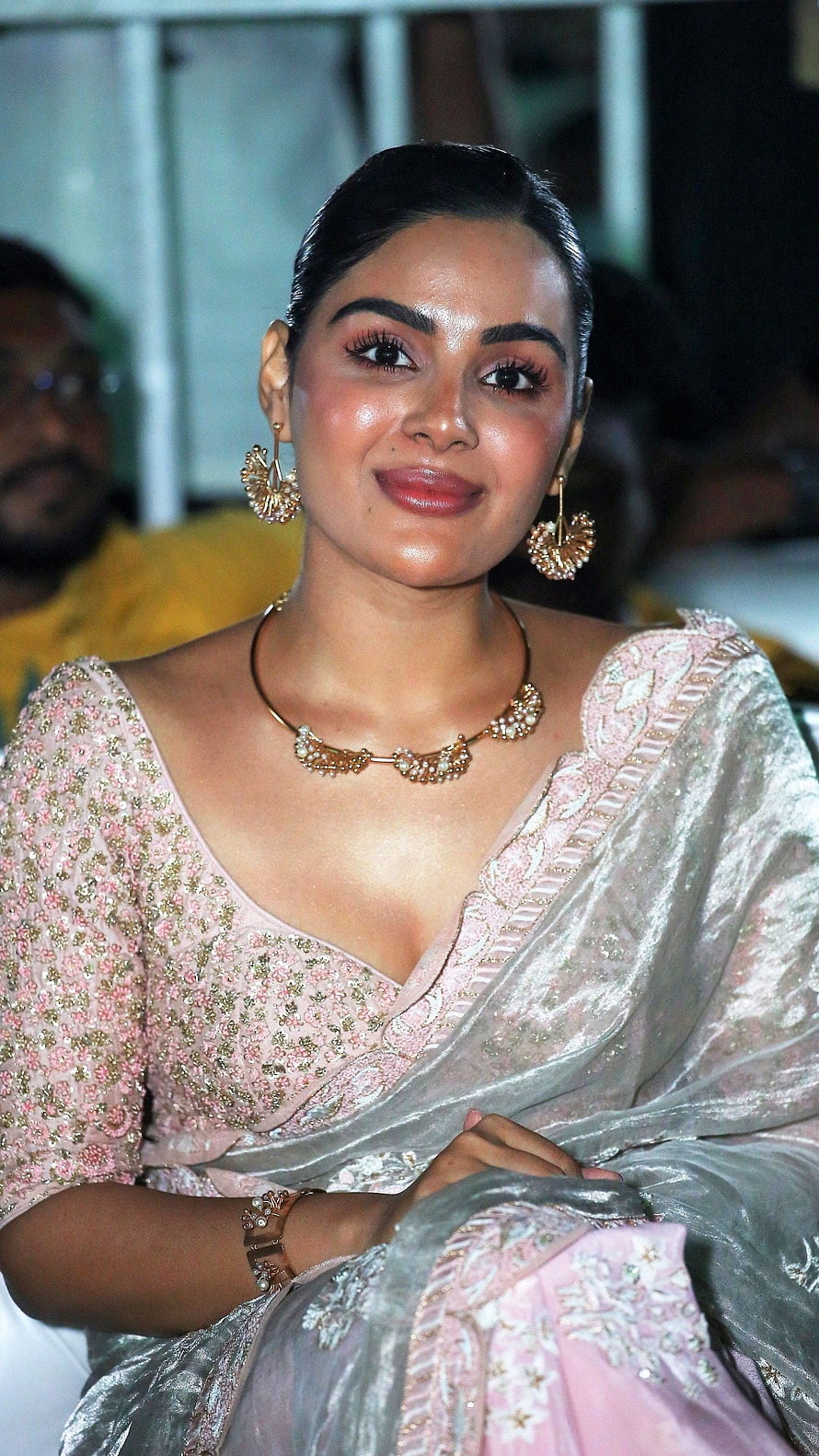 Samyukta Menon in Pink Embroidered Saree with Gold Jewelry at Event HD phone wallpaper