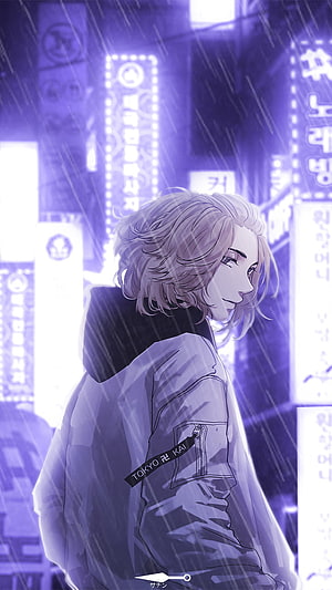 Mikey from Tokyo Revengers in a Rainy Neon Cityscape Anime Illustration HD phone wallpaper