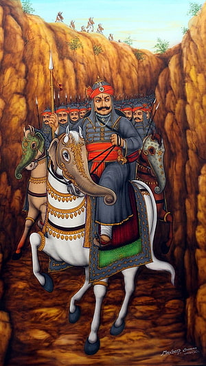 Maharana Pratap Singh on White Horse Leading Mughal Cavalry Through Rocky Pass HD phone wallpaper
