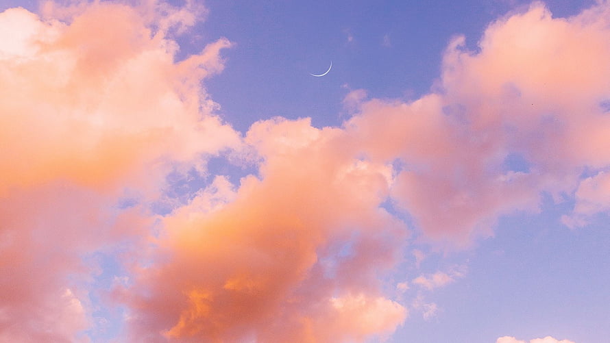 Pastel Aesthetic Sky with Soft Pink Clouds and a Crescent Moon HD wallpaper